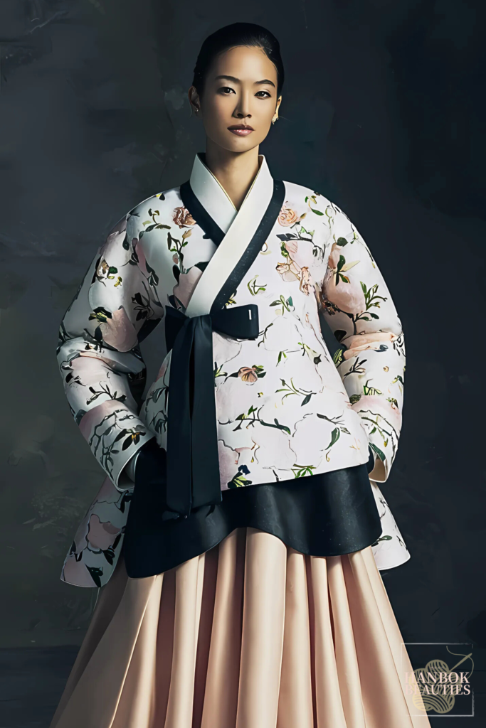 modern-winter-hanbok-camellia-design-black-orange-white-silk-traditional-contemporary-fusion-minimalist