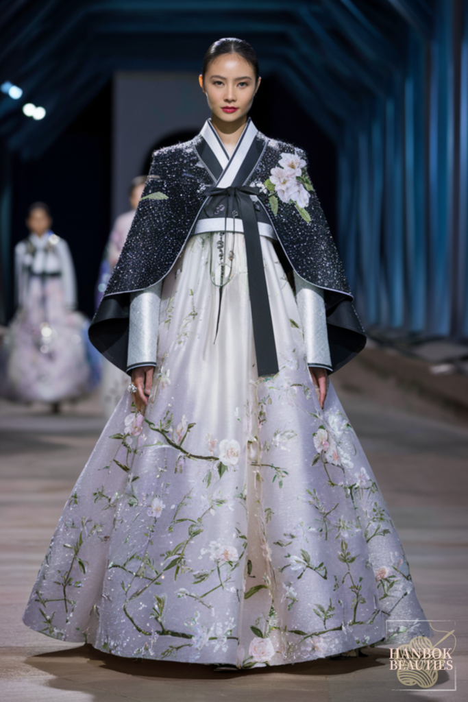 winter-hanbok-womens-hanbok-camellia-sparkle-black-white-traditional-modern-luxury-design