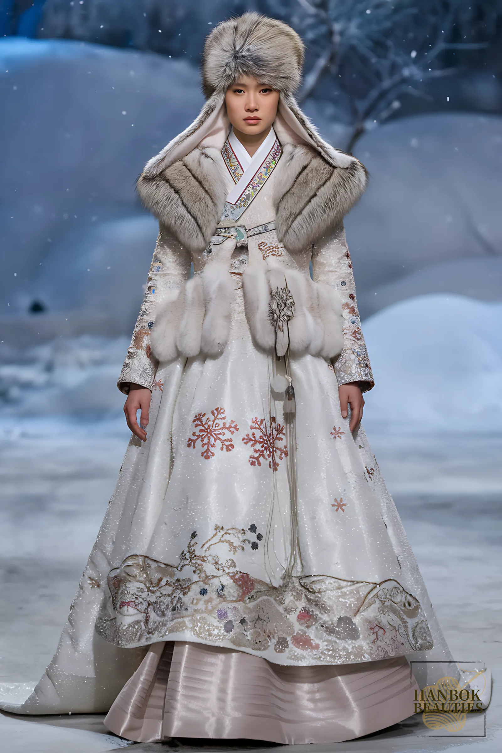 winter-hanbok-womens-hanbok-snowflake-design-fur-trim-durumagi-coat-traditional-modern-fusion-luxury-silk-crystal-embellished